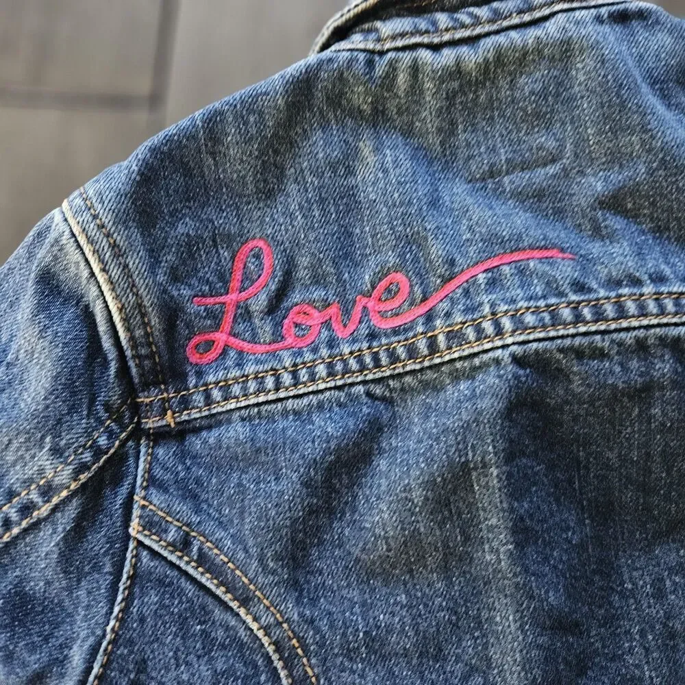 GAP Kids Jean Jacket Girls Size XXS 3 Embroidered Hearts Love Rhinestones